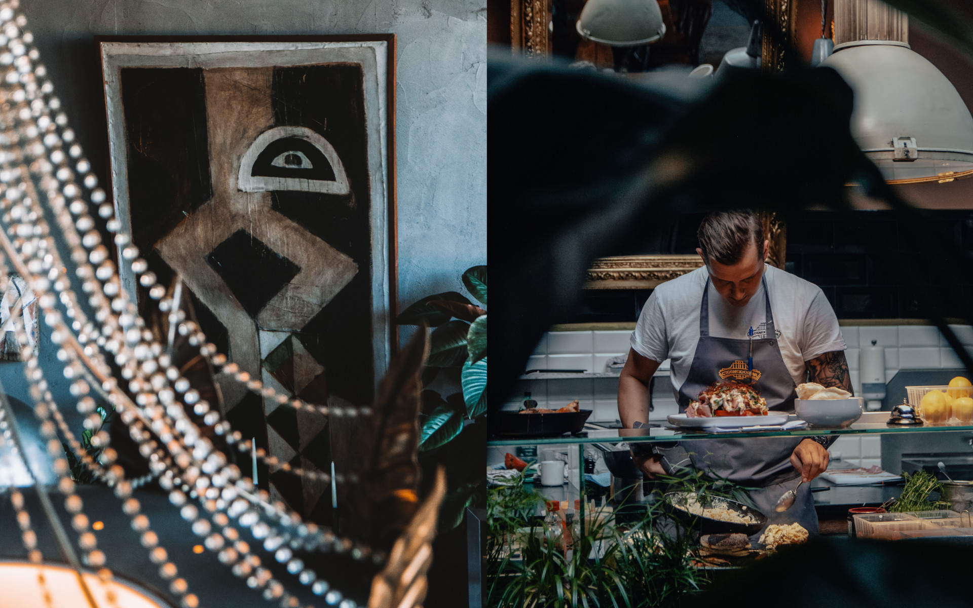 Grafika restauracji przedstawiająca kuchnię oraz restauracje.